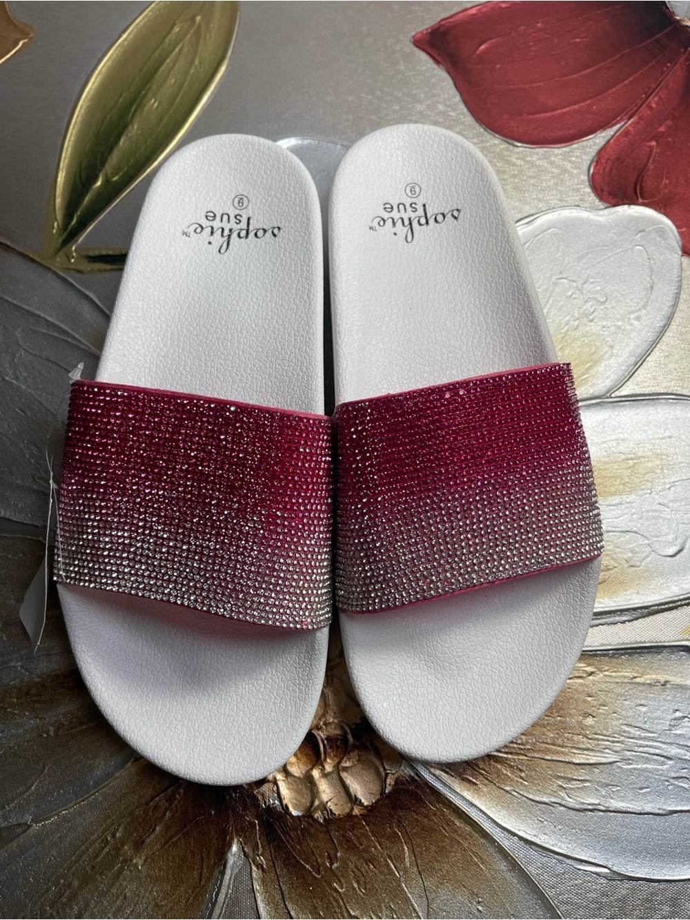 Sophie & Sue White Slides with Pink Ombre Crystal Strap